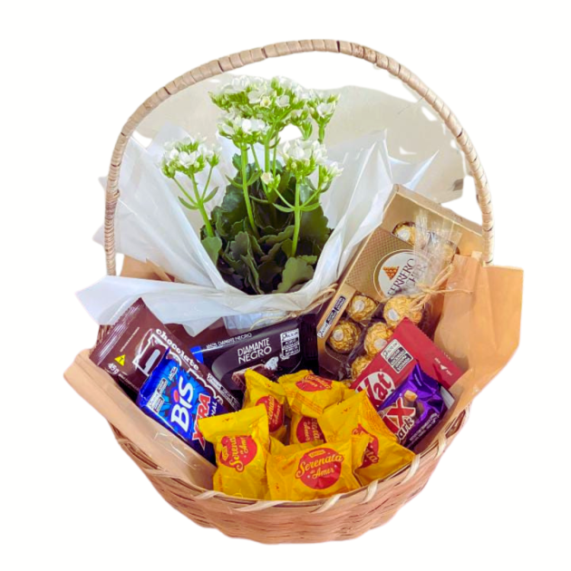 Cesta de chocolate e flores
