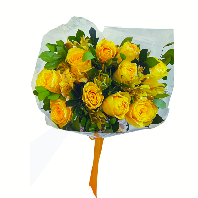 Buquê de rosas amarelas, astromelias e folhagem - Image 2